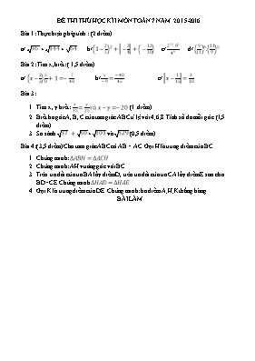 Đề thi thử học kì I môn Toán 7 năm 2015-2016